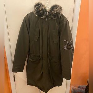 Olive green jacket with removable fur hood